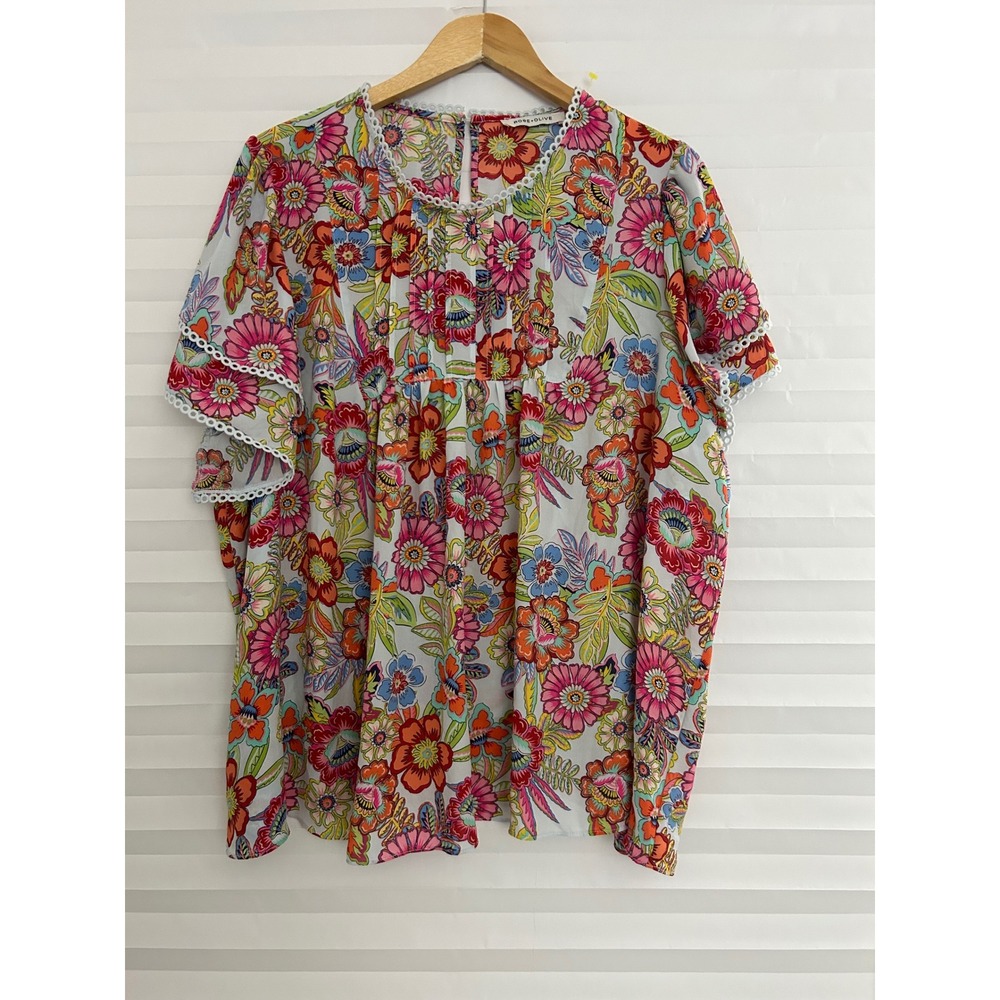 Rose + Olive Floral Eyelet Trim Flutter Sleeve Pleated Blouse Multi-Color XL